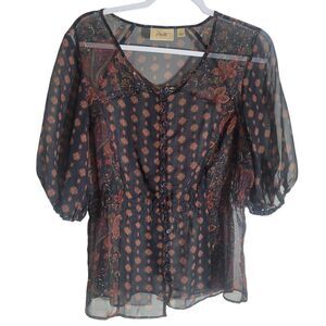 Motto Sheer Button Up Balloon Sleeve Smocked Waist Blouse Womens Small Black Y2K